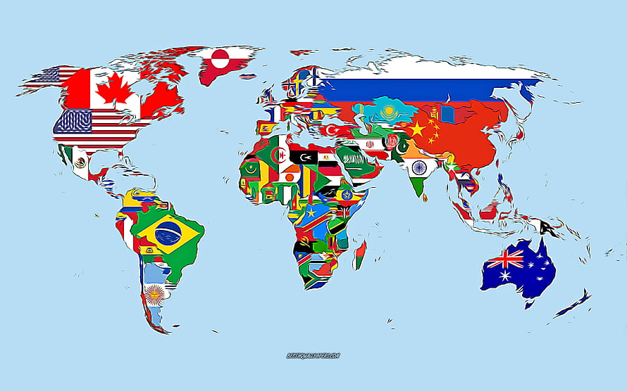 Global World Map Filled With National Flags On Light Blue Background HD wallpaper