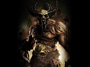 Horned Demon Warrior with Skull Helmet and Dark Fantasy Armor HD wallpaper