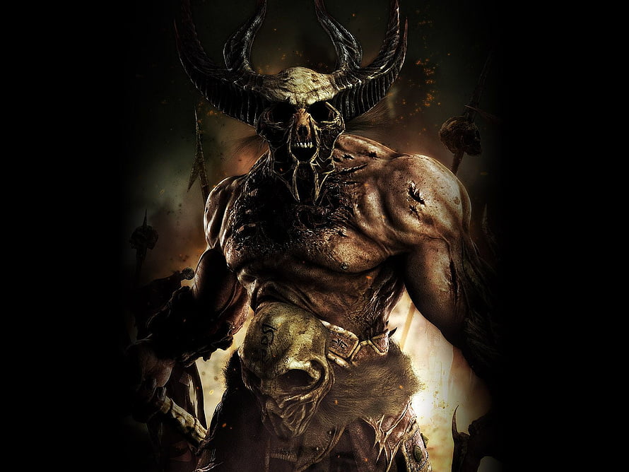 Horned Demon Warrior with Skull Helmet and Dark Fantasy Armor HD wallpaper