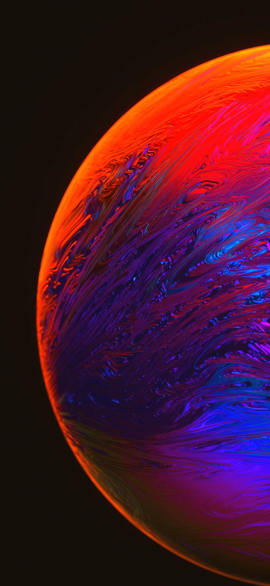 Vibrant Swirling Liquid Sphere with Neon Red and Blue Abstract Patterns on Black Background HD phone wallpaper