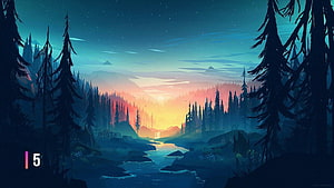 Stylized Digital Art of a Serene Forest River at Sunset with Pine Trees and Mountains HD wallpaper
