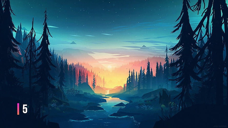 Stylized Digital Art of a Serene Forest River at Sunset with Pine Trees and Mountains HD wallpaper