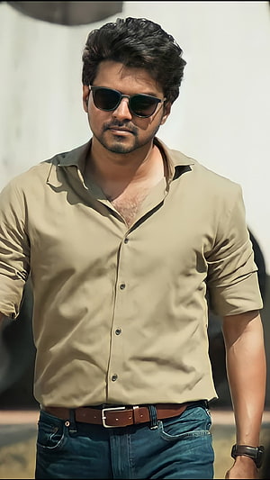 Thalapathy Vijay in Beige Shirt and Sunglasses HD phone wallpaper