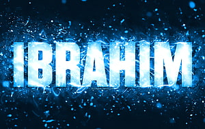Ibrahim Name in Glowing Blue Neon with Electric Sparks and Particle Effects HD wallpaper