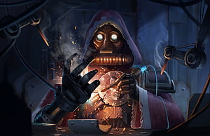 Adeptus Mechanicus Tech-Priest Performing Cybernetic Surgery in Dark Industrial Workshop HD wallpaper