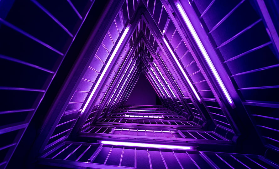 Violet Neon Stairwell with Geometric Perspective and Minimalist Architecture HD wallpaper