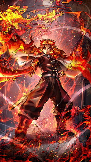 Rengoku Kyojuro from Demon Slayer Wielding Flame Sword in Fiery Battle Scene HD phone wallpaper