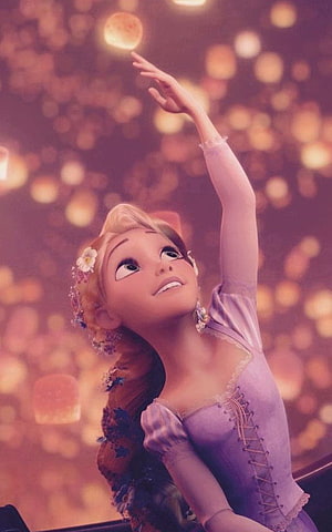 Rapunzel from Tangled Reaching for a Floating Lantern in a Warm Bokeh Scene HD phone wallpaper
