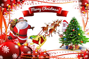 Festive Christmas Scene Featuring Santa Claus, Reindeer Sleigh, and Decorated Tree HD wallpaper