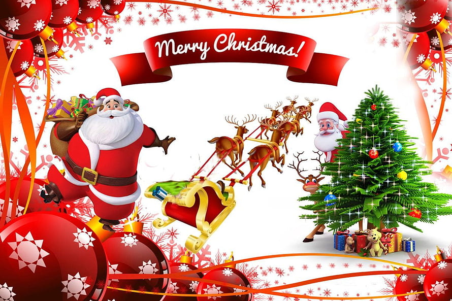 Festive Christmas Scene Featuring Santa Claus, Reindeer Sleigh, and Decorated Tree HD wallpaper