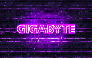 Gigabyte neon sign glowing in purple against a dark brick wall HD wallpaper