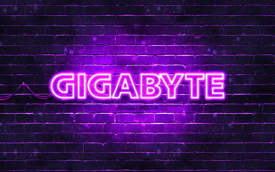 Gigabyte neon sign glowing in purple against a dark brick wall HD wallpaper