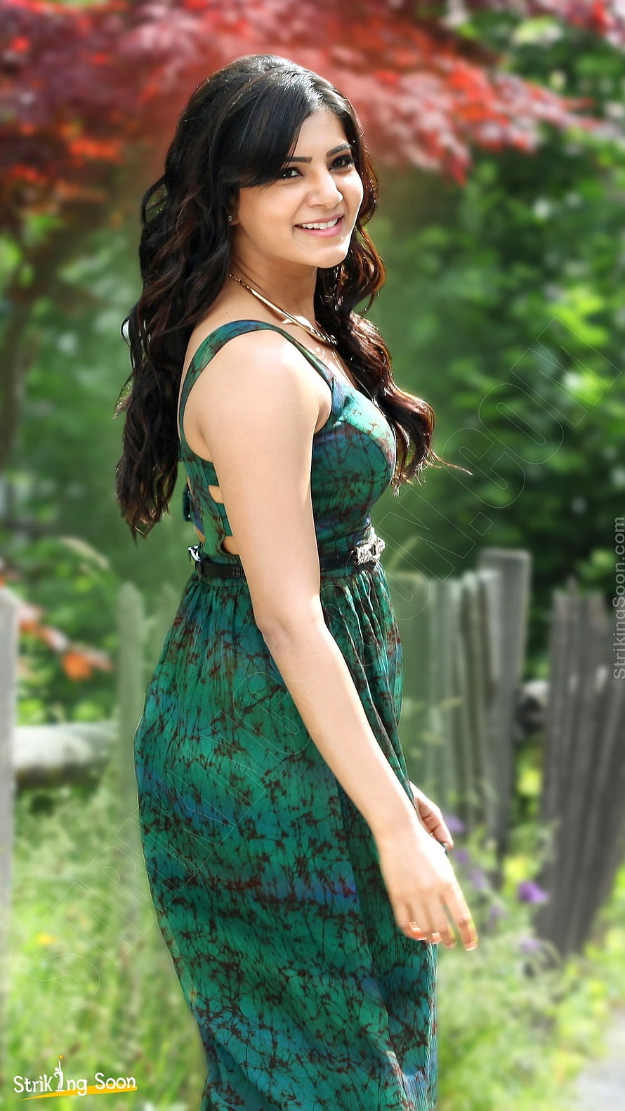 Samantha Ruth Prabhu in a Green Patterned Dress in a Garden Setting HD phone wallpaper