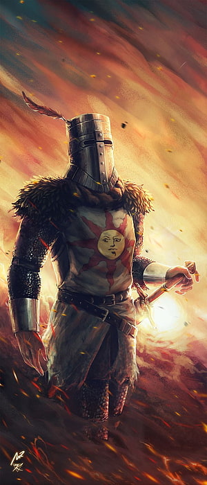 Solaire of Astora in Full Plate Armor with Sun Emblem on Fiery Battlefield HD phone wallpaper