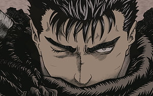 Guts Black Swordsman Intense Close-Up Portrait in Dark Anime Style HD wallpaper