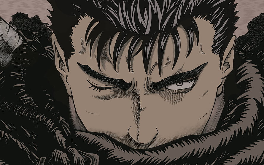 Guts Black Swordsman Intense Close-Up Portrait in Dark Anime Style HD wallpaper