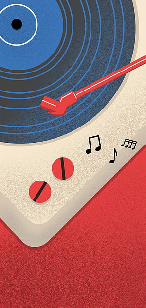 Retro Vinyl Record Turntable Illustration With Red Tonearm And Floating Music Notes HD phone wallpaper