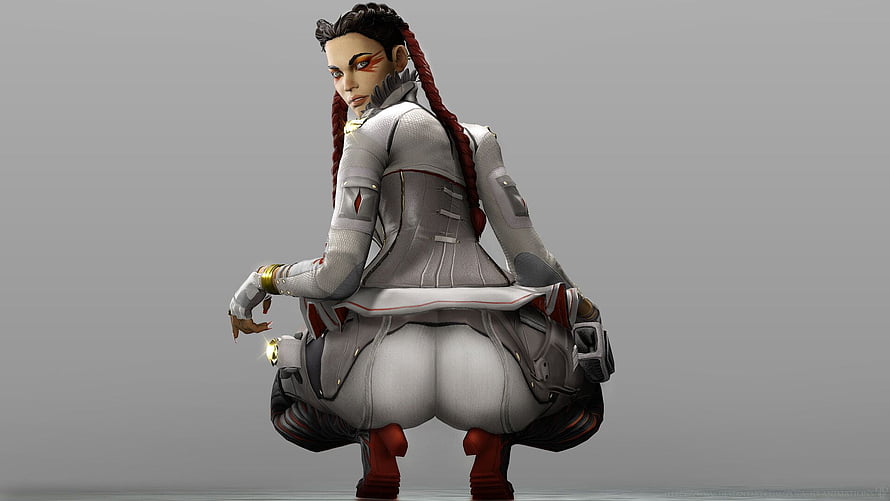 Loba from Apex Legends in a white tactical suit with red braids and glowing hand device HD wallpaper