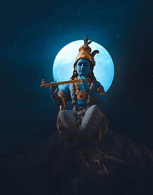 Lord Krishna Playing Flute Under a Full Moon in a Serene Night Sky HD phone wallpaper