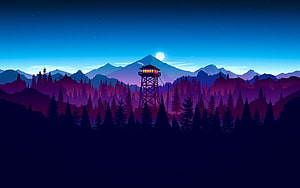 Firewatch Video Game Artwork Featuring Fire Tower in Mountain Forest at Dusk HD wallpaper