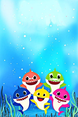 Baby Shark Family Group Underwater Scene with Colorful Cartoon Sharks and Bubbles HD phone wallpaper