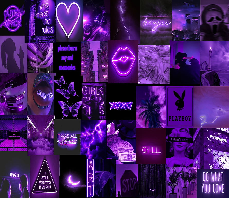 Purple Baddie Aesthetic Collage Kit with Neon Signs, Quotes, and Dark Urban Imagery HD wallpaper