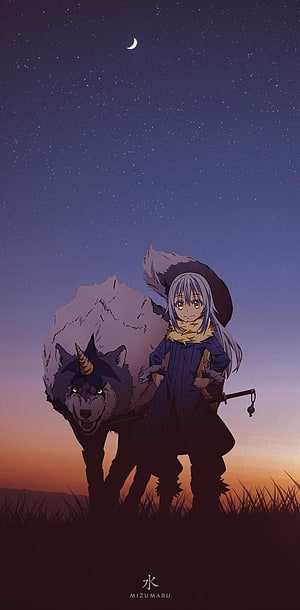 Mizumaru and her wolf companion standing in a field under a starry night sky with a crescent moon HD phone wallpaper