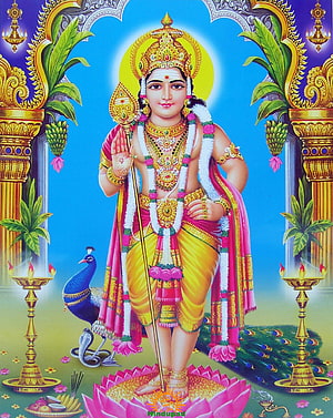 Murugan Subramanya Swamy Hindu Deity Standing on Lotus with Peacock and Ganesha HD phone wallpaper