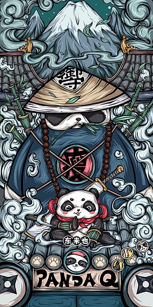 Panda Q Japanese Street Art Illustration with Samurai Panda and Mt. Fuji HD phone wallpaper