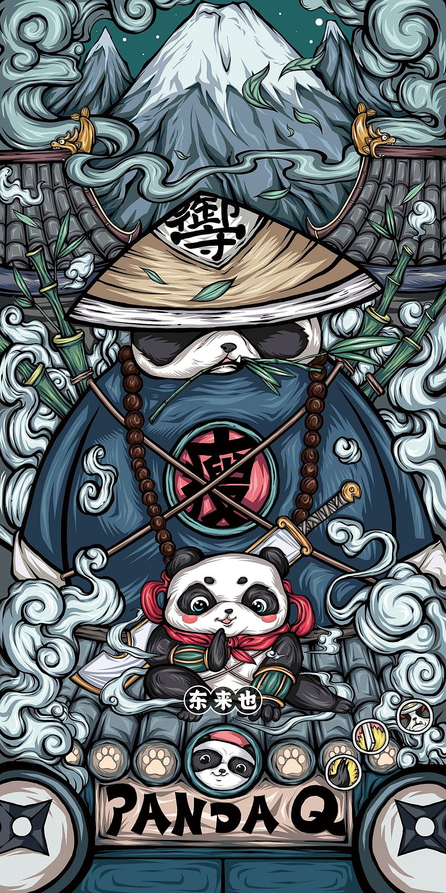 Panda Q Japanese Street Art Illustration with Samurai Panda and Mt. Fuji HD phone wallpaper