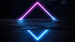 Neon Triangle Glowing Over Dark Water Surface with Blue and Purple Light Reflections HD wallpaper