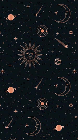 Celestial Line Art Pattern Featuring Sun, Moons, and Planets on Dark Background HD phone wallpaper