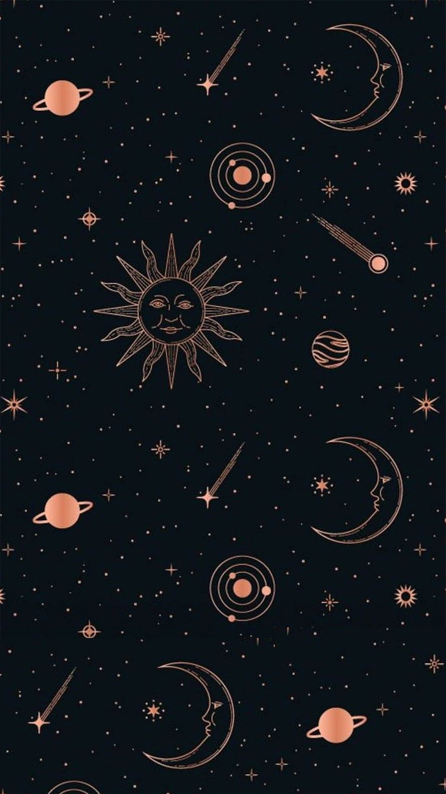 Celestial Line Art Pattern Featuring Sun, Moons, and Planets on Dark Background HD phone wallpaper