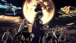 Demon Slayer Hashira and Tanjiro Standing Before a Massive Full Moon HD wallpaper
