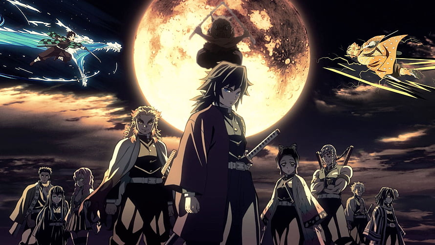 Demon Slayer Hashira and Tanjiro Standing Before a Massive Full Moon HD wallpaper