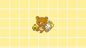 Rilakkuma and Kiiroitori Kawaii Bear and Bee Friends on Yellow Grid Background HD wallpaper