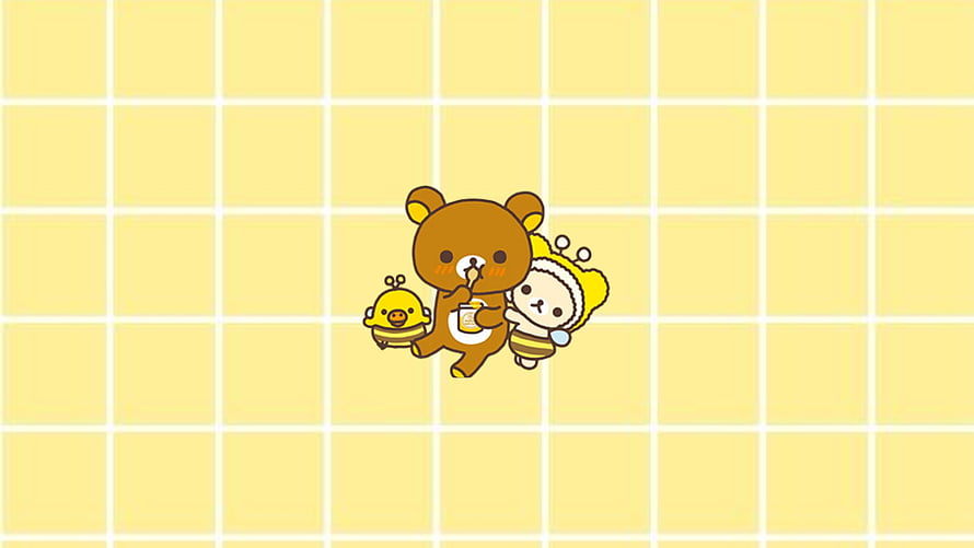 Rilakkuma and Kiiroitori Kawaii Bear and Bee Friends on Yellow Grid Background HD wallpaper