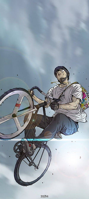 Windbreaker Anime Character Riding BMX Bike in Mid-Air Action Scene HD phone wallpaper