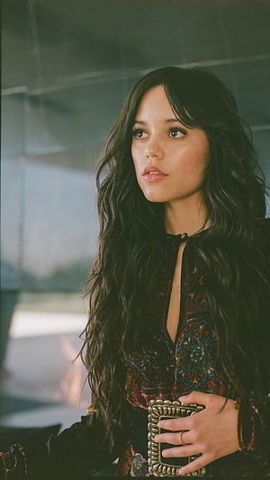 Jenna Ortega Portrait in Intricate Patterned Top with Ornate Gold Belt HD phone wallpaper