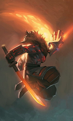 Juggernaut from Dota 2 wielding a glowing blade in a fiery battle stance HD phone wallpaper