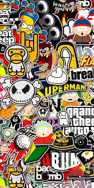 Hypebeast Sticker Bomb Wallpaper Featuring South Park, Grand Theft Auto, and Pop Culture Icons HD phone wallpaper