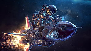 Astronaut Riding a Retro-Futuristic Rocket Bike Through Deep Space HD wallpaper