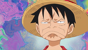 Monkey D. Luffy Intense Expression with Straw Hat Against Vibrant Abstract Background HD wallpaper