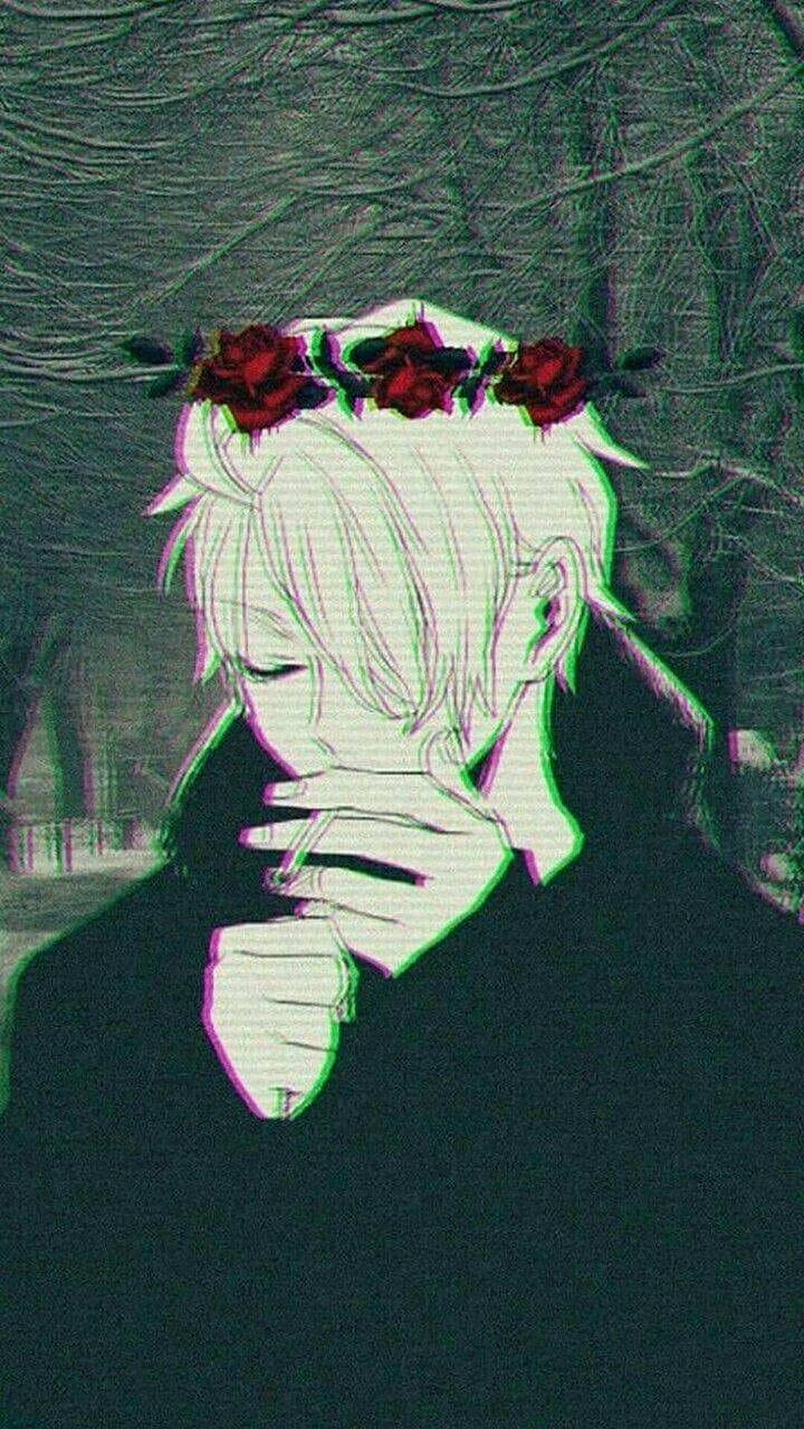 Anime Boy Smoking Cigarette With Red Rose Crown In Dark Forest HD phone wallpaper