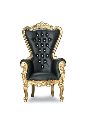Ornate Baroque Throne Chair With Black Tufted Leather And Gold Carved Frame HD phone wallpaper