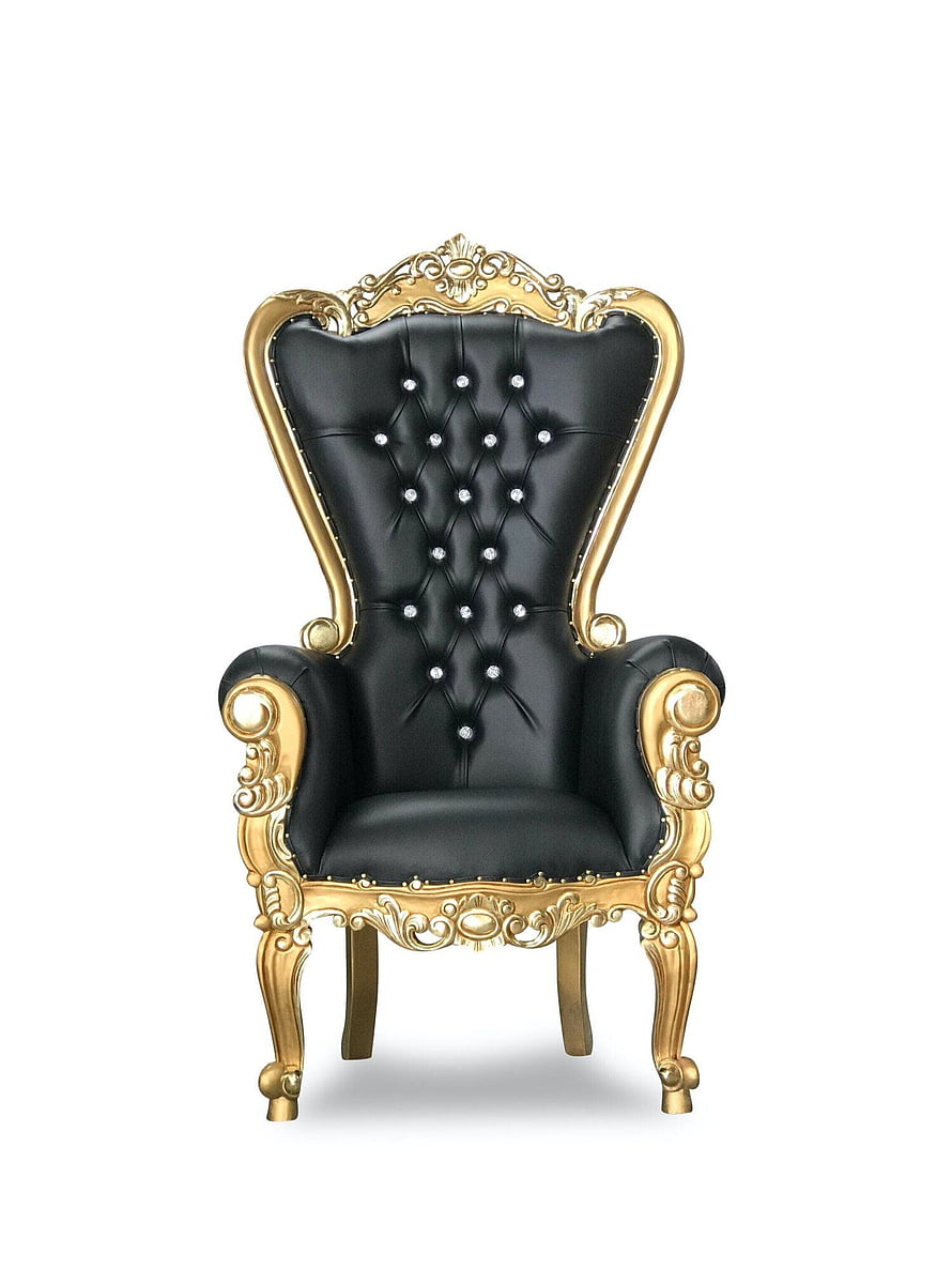 Ornate Baroque Throne Chair With Black Tufted Leather And Gold Carved Frame HD phone wallpaper