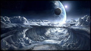 Dramatic Alien Planet with Swirling Clouds and Distant Moon in Deep Space HD wallpaper
