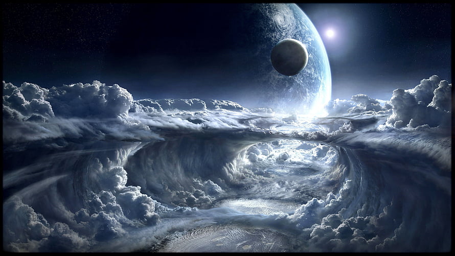 Dramatic Alien Planet with Swirling Clouds and Distant Moon in Deep Space HD wallpaper