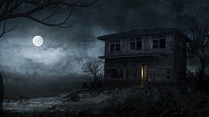 Eerie Abandoned House Under Full Moonlight in Foggy Night Landscape HD wallpaper