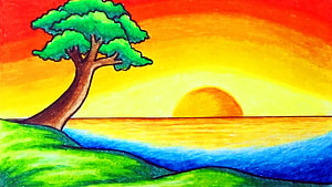 Vibrant Sunset Landscape with Lush Green Tree and Ocean Horizon HD wallpaper